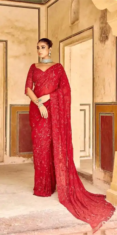 DF 3447 Red Color Georgette Sequins Embroidery work Saree Casual, Wedding, Festive, Events . Expected Delivery  4-6 Working Days @1799/- only                                                                                                                                             | Sarees, Bollywood Sarees, Creative Sarees, Designer Sarees, Embroidered Sarees, Ethnic Saree, Modern Digital sarees, Party Wear Sarees