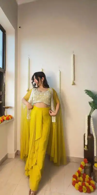 LG 1931 Yellow Color Georgette Sequence Work On Front Dhoti Suit Casual, Wedding, Festive, Events . Expected Delivery 4-6 Working Days @1999/- only | Jump Suits, Salwar suit, Casual Suits, Creative suits, Designer Suits, Palazzo Suits, Party Wear Suits, Patiala Suits, Straight Suits