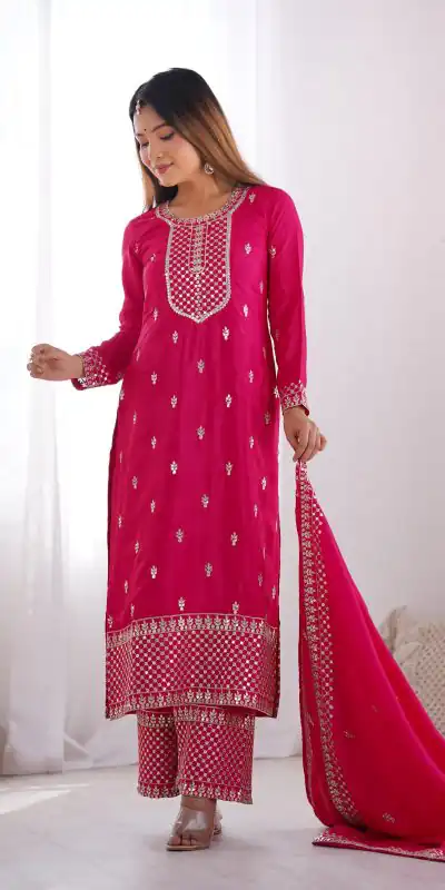 KB 282 Pink Color Chinon Silk Embroidery Jari Work Salwar Suit Casual, Wedding, Festive, Events . Expected Delivery 4-6 Working Days @1949/- only | Jump Suits, Salwar suit, Casual Suits, Creative suits, Designer Suits, Palazzo Suits, Party Wear Suits, Patiala Suits, Straight Suits