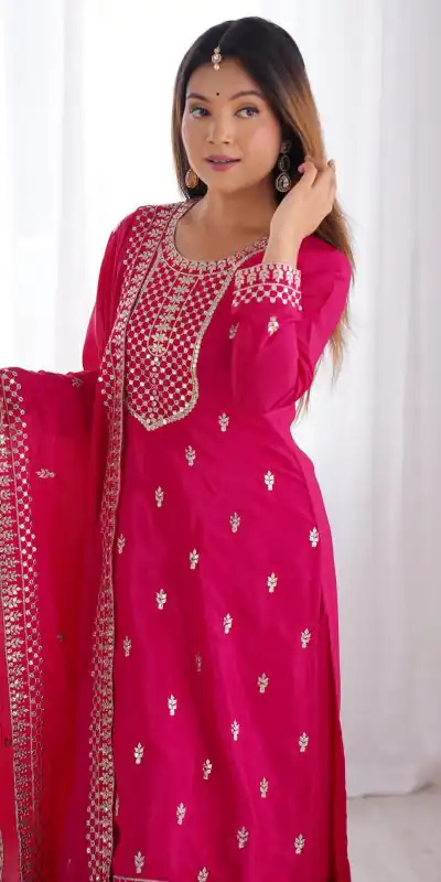 KB 282 Pink Color Chinon Silk Embroidery Jari Work Salwar Suit Casual, Wedding, Festive, Events . Expected Delivery 4-6 Working Days @1949/- only | Jump Suits, Salwar suit, Casual Suits, Creative suits, Designer Suits, Palazzo Suits, Party Wear Suits, Patiala Suits, Straight Suits