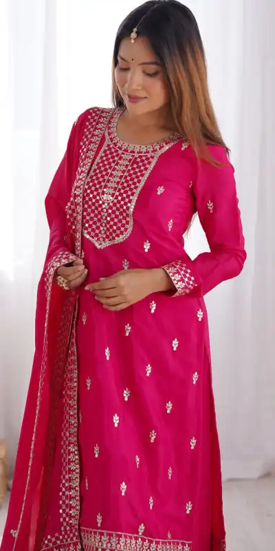 KB 282 Pink Color Chinon Silk Embroidery Jari Work Salwar Suit Casual, Wedding, Festive, Events . Expected Delivery 4-6 Working Days @1949/- only | Jump Suits, Salwar suit, Casual Suits, Creative suits, Designer Suits, Palazzo Suits, Party Wear Suits, Patiala Suits, Straight Suits