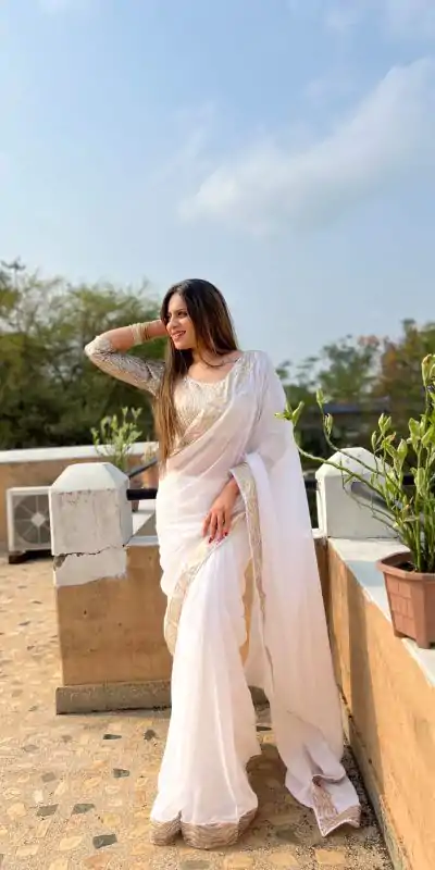 JR 579 White Color Georgette Sequence Work Lace Saree Casual, Wedding, Festive, Events . Expected Delivery  4-6 Working Days @1599/- only                                                                                                                                             | Sarees, Bollywood Sarees, Creative Sarees, Designer Sarees, Embroidered Sarees, Ethnic Saree, Modern Digital sarees, Party Wear Sarees