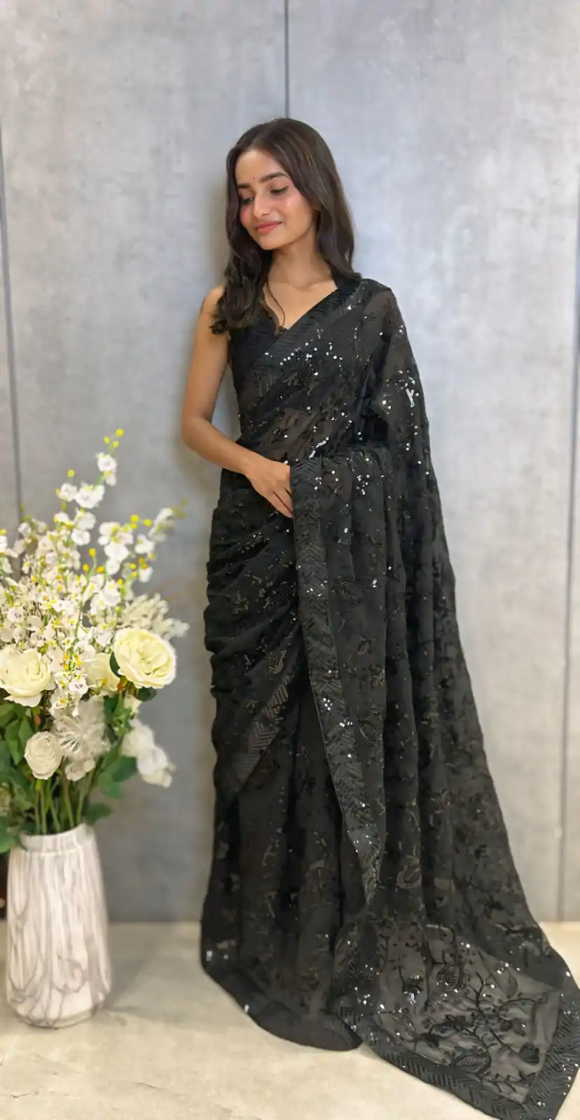 Black Georgette Sequence Work Saree - Image 2