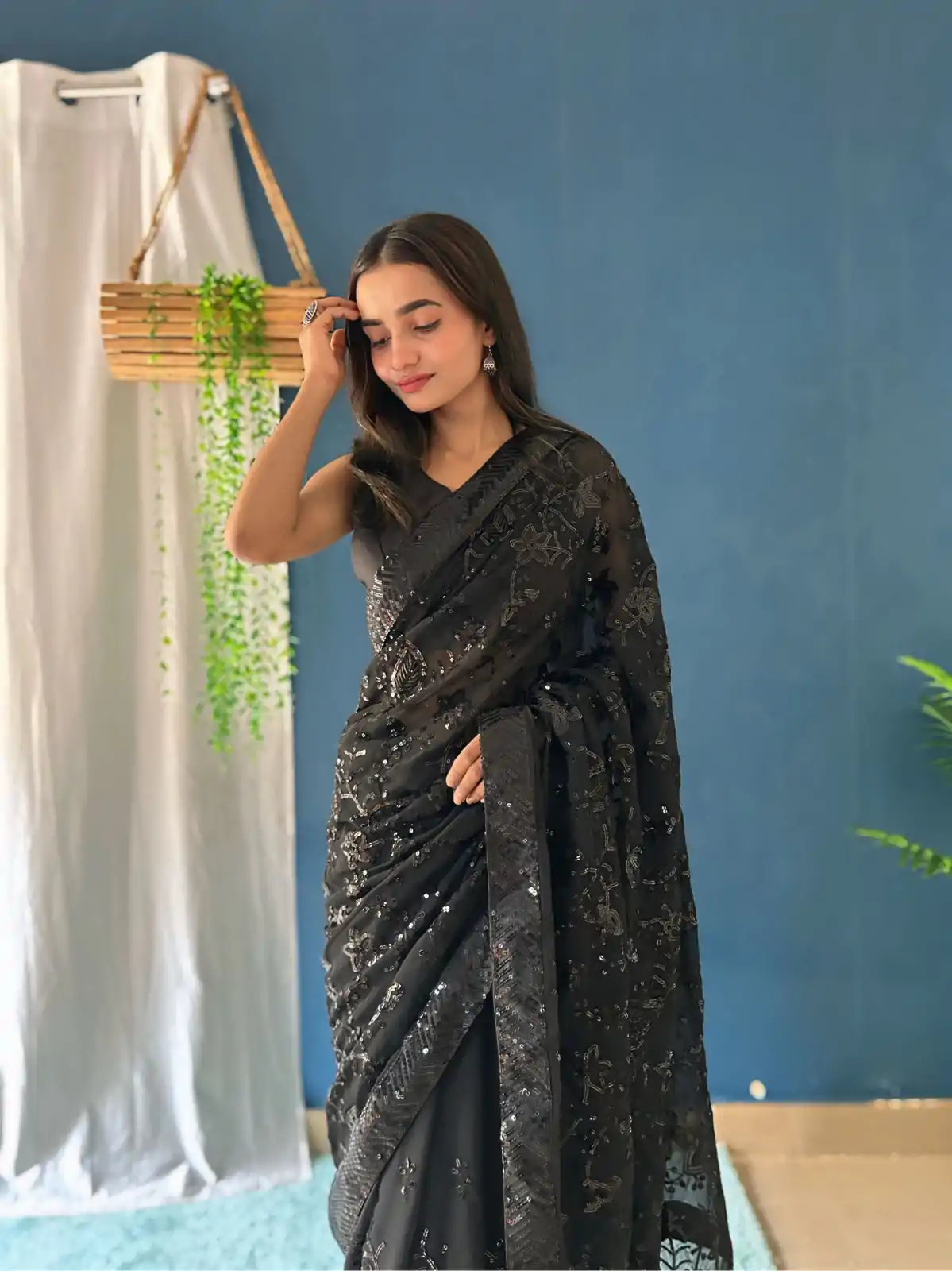 Black Georgette Sequence Work Saree - Image 3