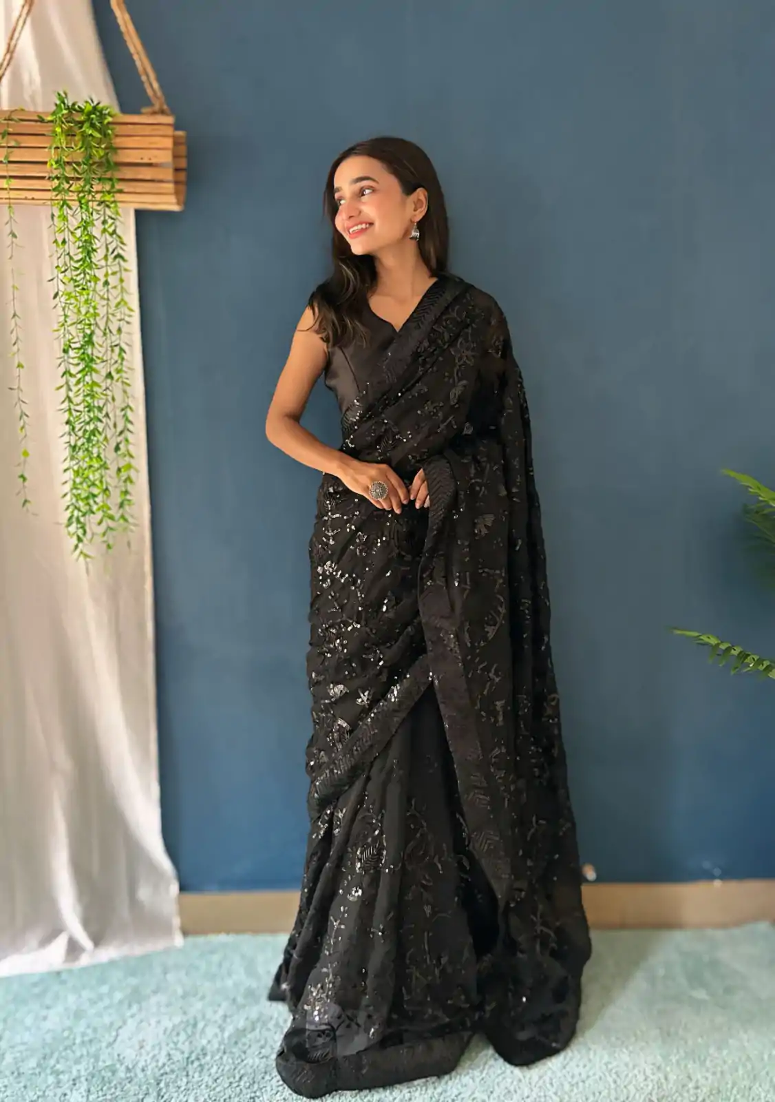 Black Georgette Sequence Work Saree - Image 4