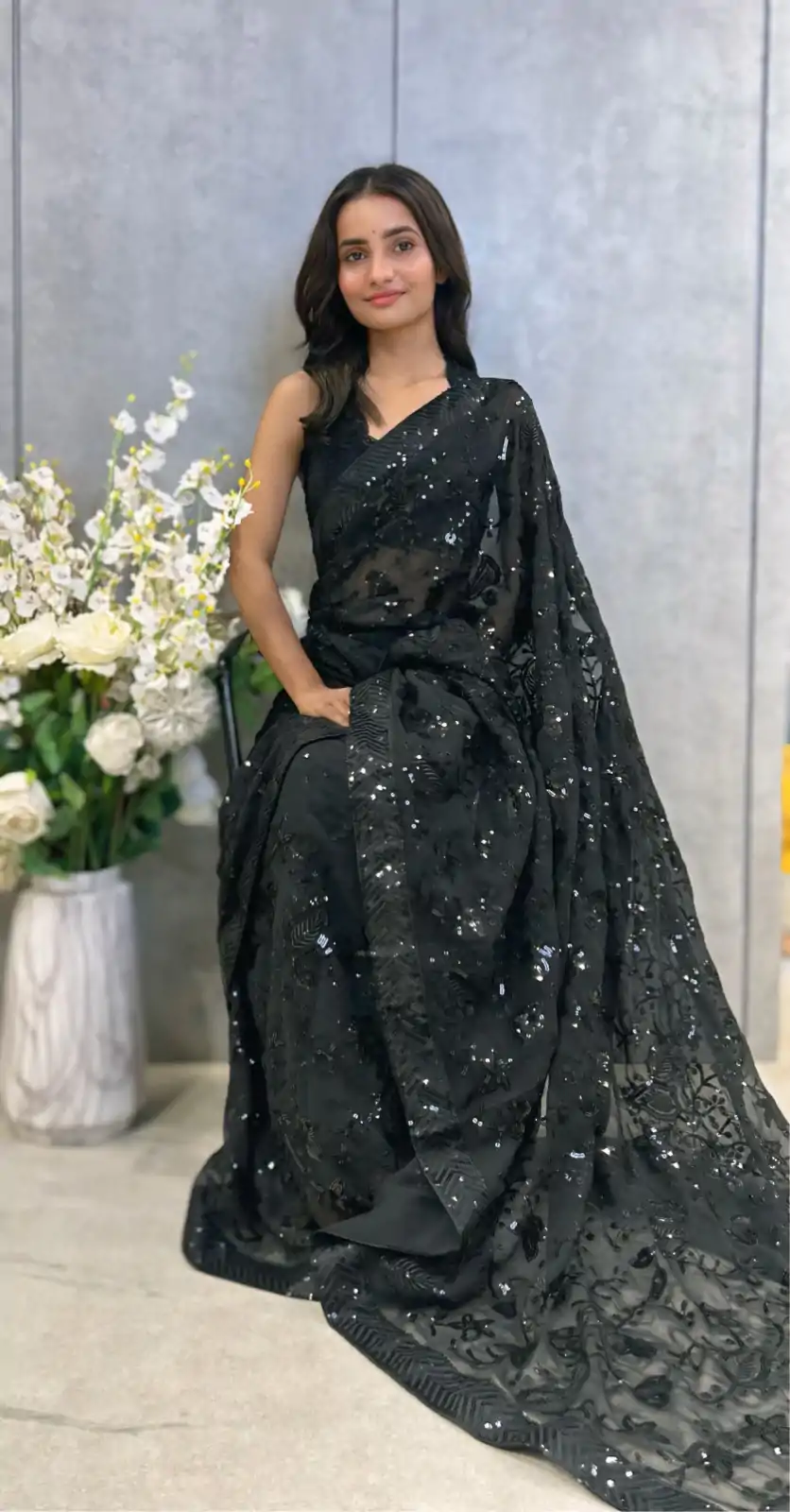 Black Georgette Sequence Work Saree - Image 5