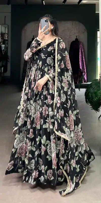 Magical Black Color Marble Floral Print Lace Touch Up Gown