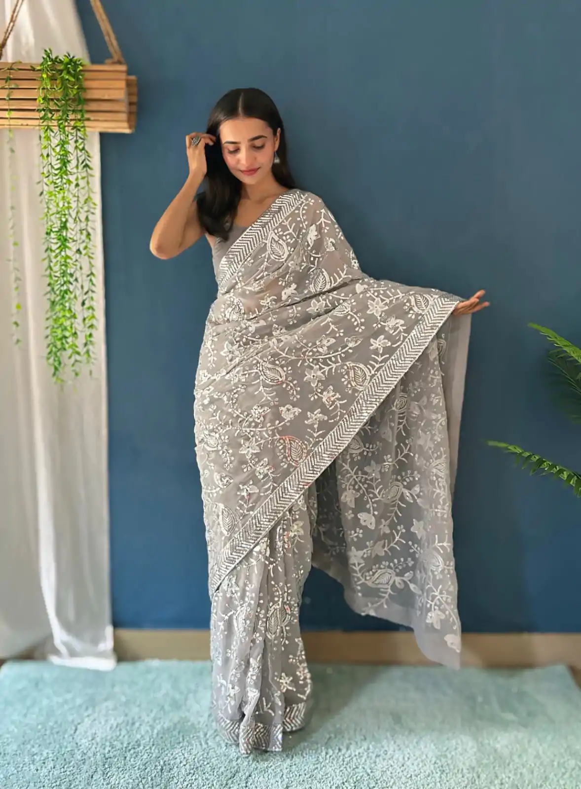Magical Grey Color Georgette Sequence Work Saree