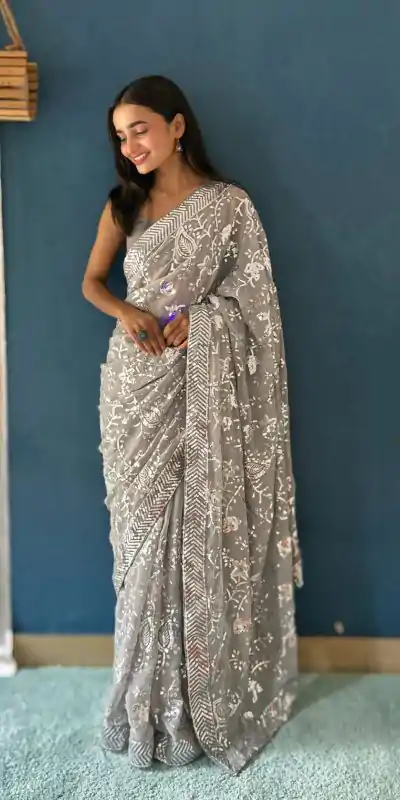 Magical Grey Color Georgette Sequence Work Saree