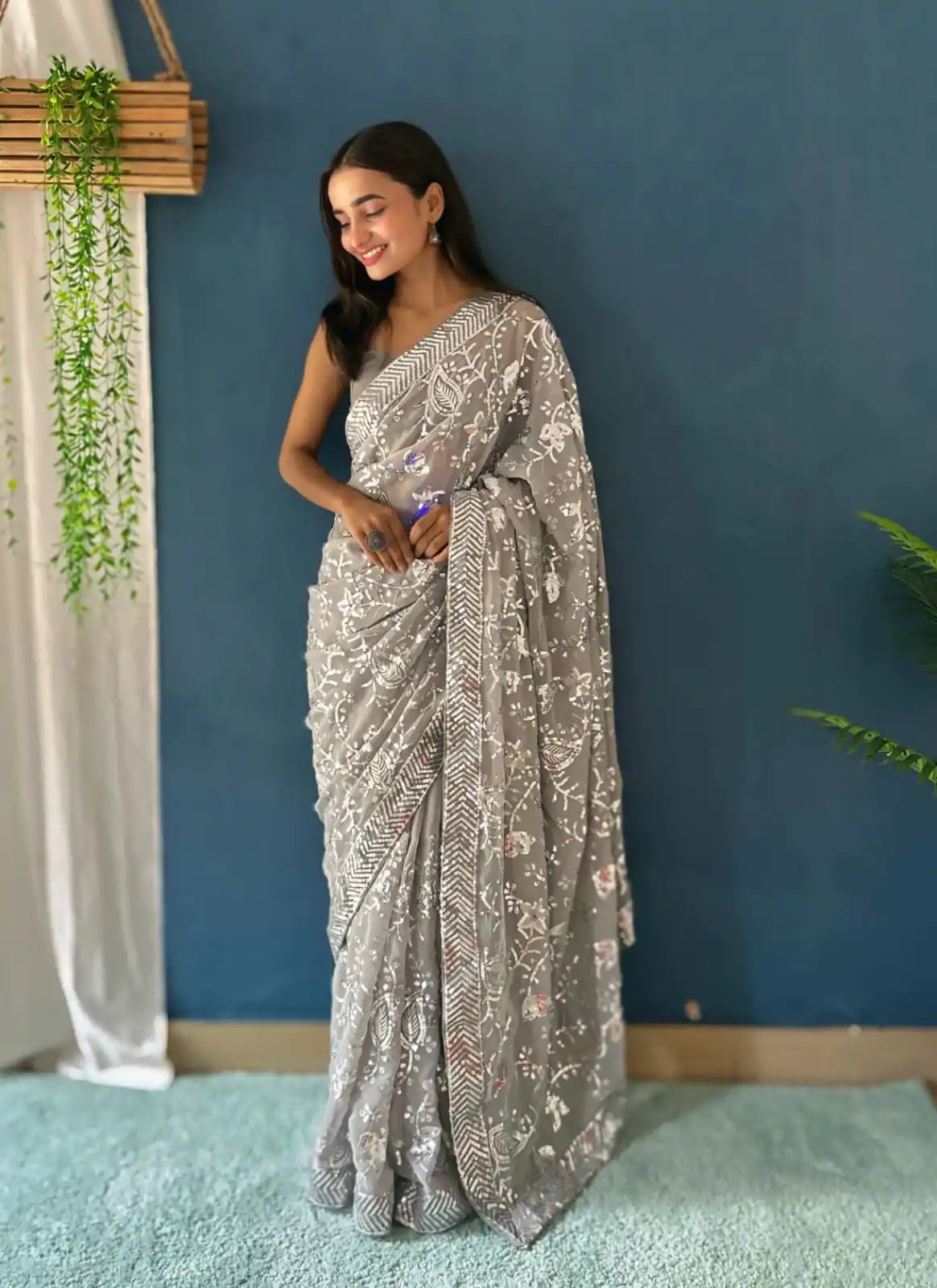 Magical Grey Color Georgette Sequence Work Saree
