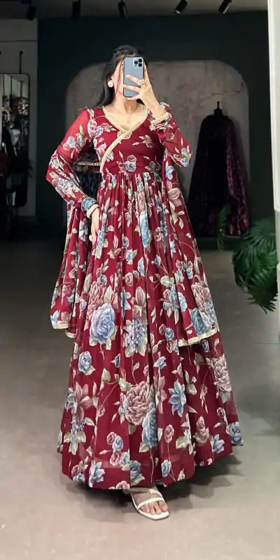 Magical Maroon Color Marble Floral Print Lace Touch Up Gown