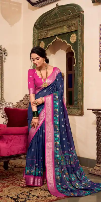 Magical Navy Blue Color Poly Cotton Kalamkari Print Saree