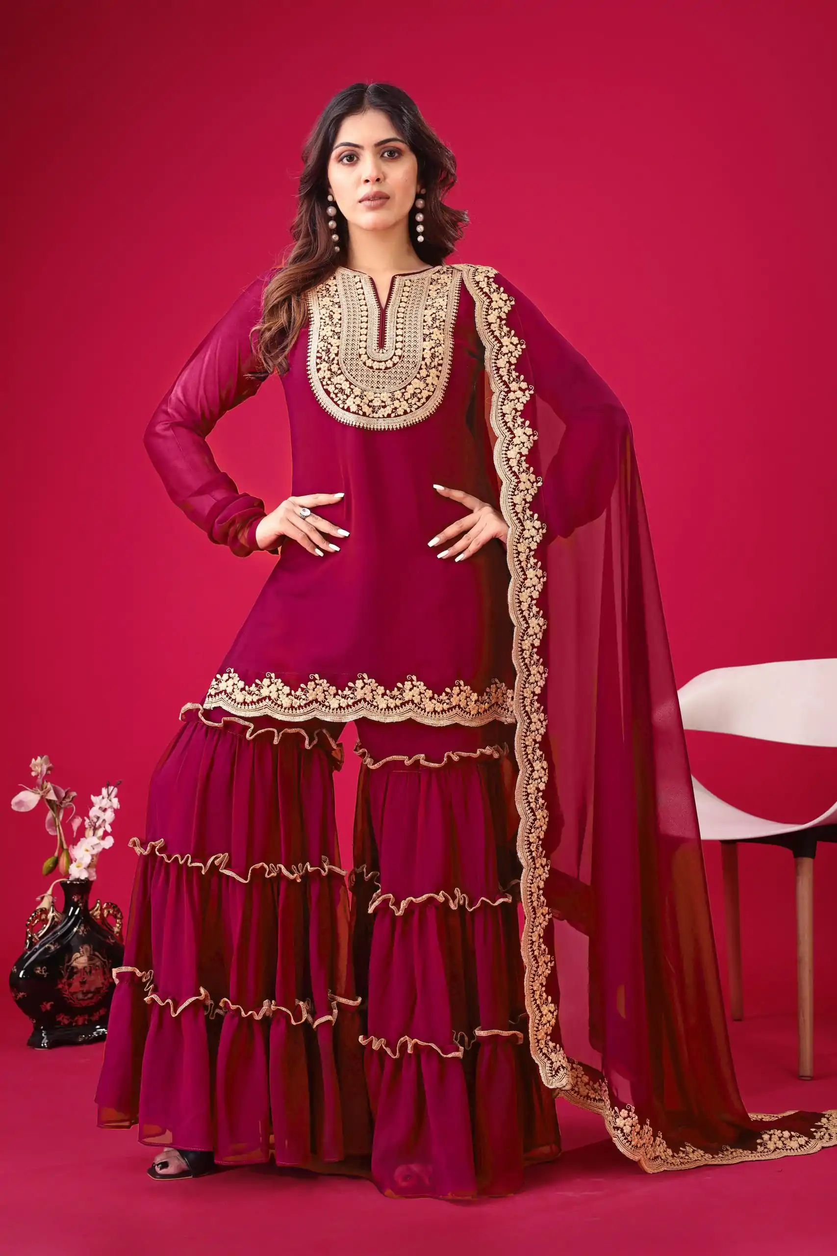 SRK 5236 Red Color Faux Georgette Embroidery Sequence Work Salwar Suit , Wedding, Party, Festive, Events Etc.4-6 Working Days@ 2099/-only | Jump Suits, Salwar suit, Casual Suits, Creative suits, Designer Suits, Palazzo Suits, Party Wear Suits, Patiala Suits, Straight Suits