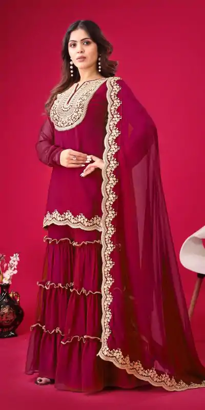 SRK 5236 Red Color Faux Georgette Embroidery Sequence Work Salwar Suit , Wedding, Party, Festive, Events Etc.4-6 Working Days@ 2099/-only | Jump Suits, Salwar suit, Casual Suits, Creative suits, Designer Suits, Palazzo Suits, Party Wear Suits, Patiala Suits, Straight Suits