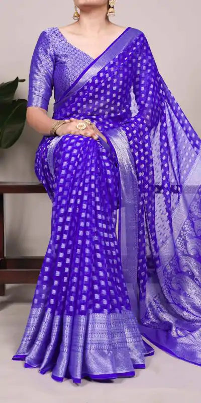 Magical Royal Blue Color Nylon Georgette Zari Weaving Work Saree