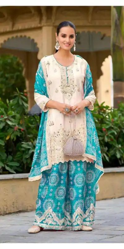 Nice Blue Color Chinon Sequence Mirror Hand Work Salwar Suit