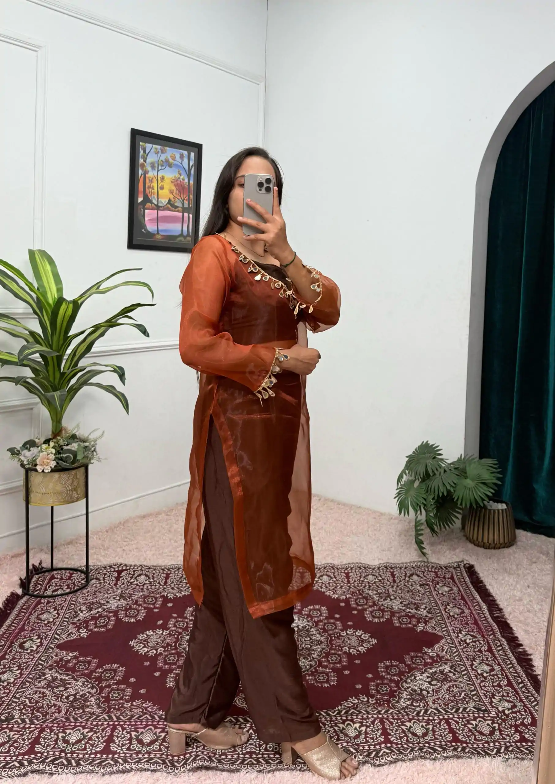 ST 1100 Brown Color Organza Mirror Lace Work Salwar Suit Casual, Wedding, Festive, Events . Expected Delivery 4-6 Working Days @1699/- only | Jump Suits, Salwar suit, Casual Suits, Creative suits, Designer Suits, Palazzo Suits, Party Wear Suits, Patiala Suits, Straight Suits