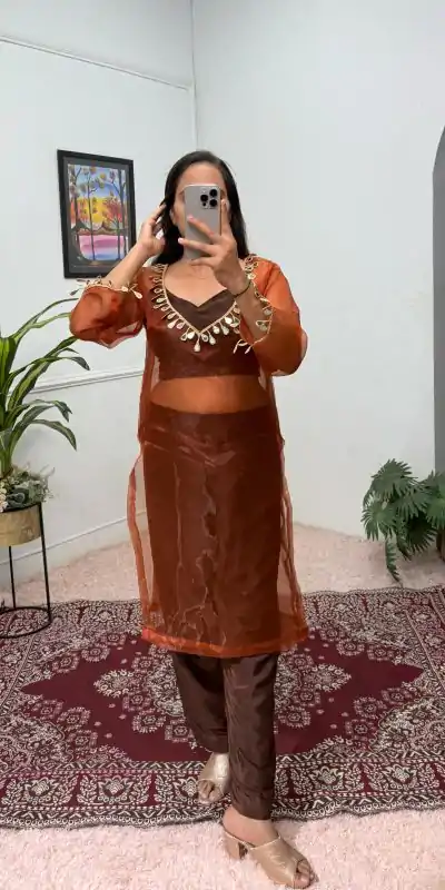 ST 1100 Brown Color Organza Mirror Lace Work Salwar Suit Casual, Wedding, Festive, Events . Expected Delivery  4-6 Working Days @1699/- only      | Jump Suits, Salwar suit, Casual Suits, Creative suits, Designer Suits, Palazzo Suits, Party Wear Suits, Patiala Suits, Straight Suits