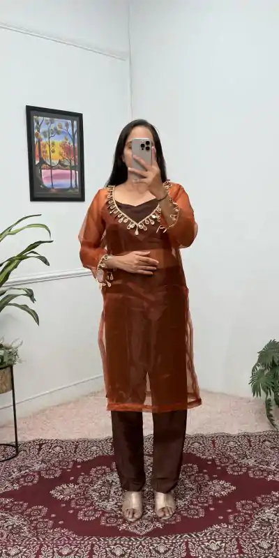 ST 1100 Brown Color Organza Mirror Lace Work Salwar Suit Casual, Wedding, Festive, Events . Expected Delivery 4-6 Working Days @1699/- only | Jump Suits, Salwar suit, Casual Suits, Creative suits, Designer Suits, Palazzo Suits, Party Wear Suits, Patiala Suits, Straight Suits