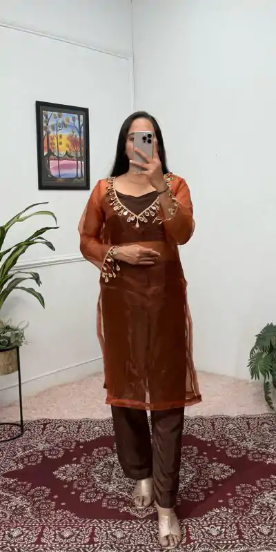 ST 1100 Brown Color Organza Mirror Lace Work Salwar Suit Casual, Wedding, Festive, Events . Expected Delivery 4-6 Working Days @1699/- only | Jump Suits, Salwar suit, Casual Suits, Creative suits, Designer Suits, Palazzo Suits, Party Wear Suits, Patiala Suits, Straight Suits