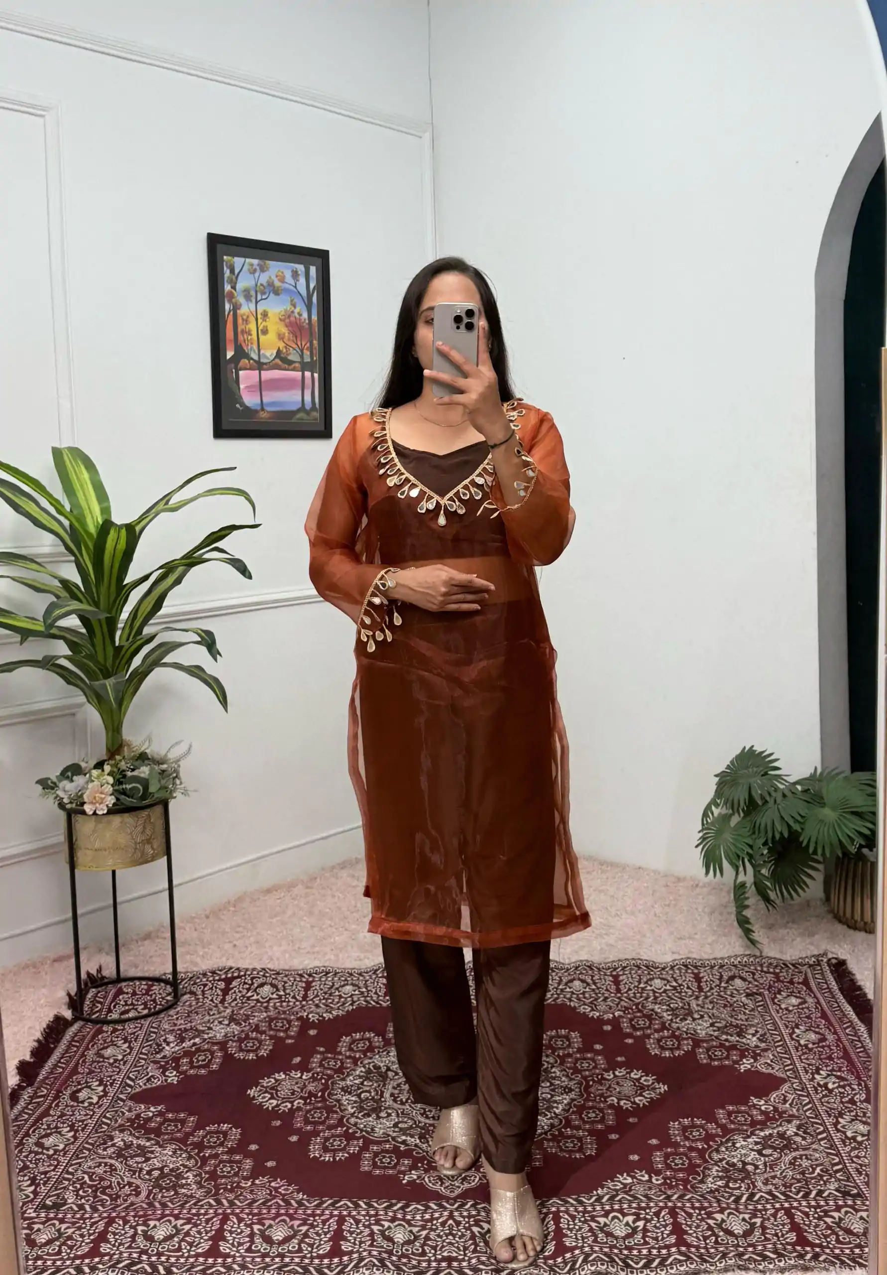 ST 1100 Brown Color Organza Mirror Lace Work Salwar Suit Casual, Wedding, Festive, Events . Expected Delivery 4-6 Working Days @1699/- only | Jump Suits, Salwar suit, Casual Suits, Creative suits, Designer Suits, Palazzo Suits, Party Wear Suits, Patiala Suits, Straight Suits