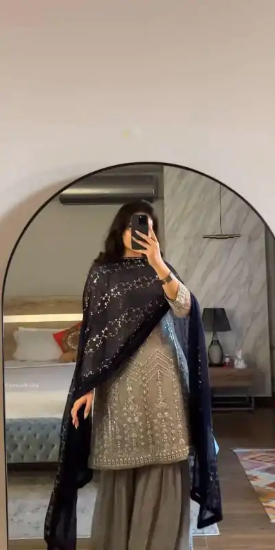 Nice Grey Color Faux Georgette Embroidery Sequence Beads Work Salwar Suit