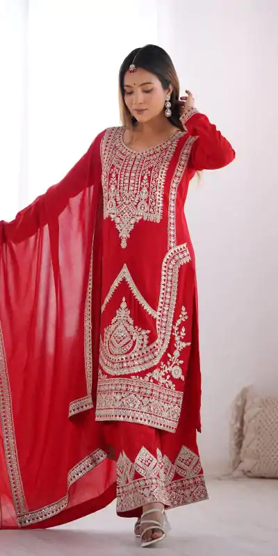 Perfect Red Color Vichitra Silk Embroidery Sequence Salwar Suit