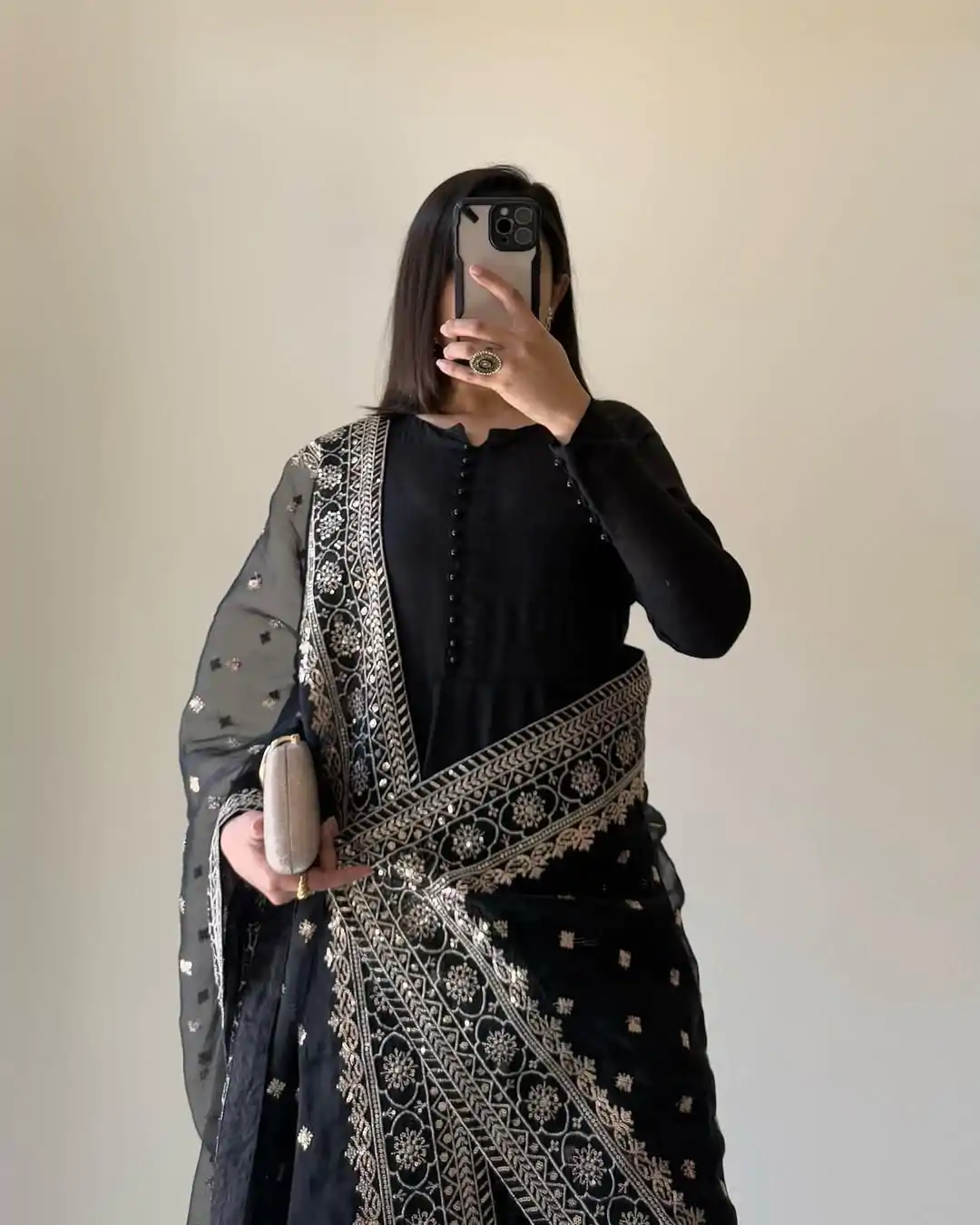 Black Chinon Silk With Inner Plain Anarkali Gown - Image 3