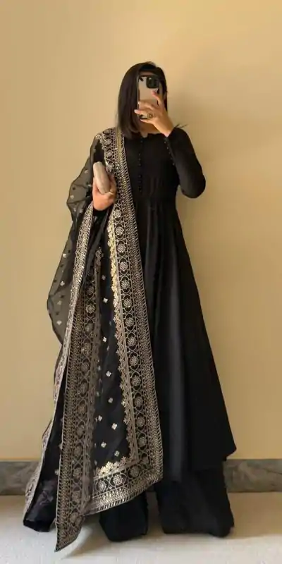 Presenting Black Color Chinon Silk With Inner Plain Anarkali Gown