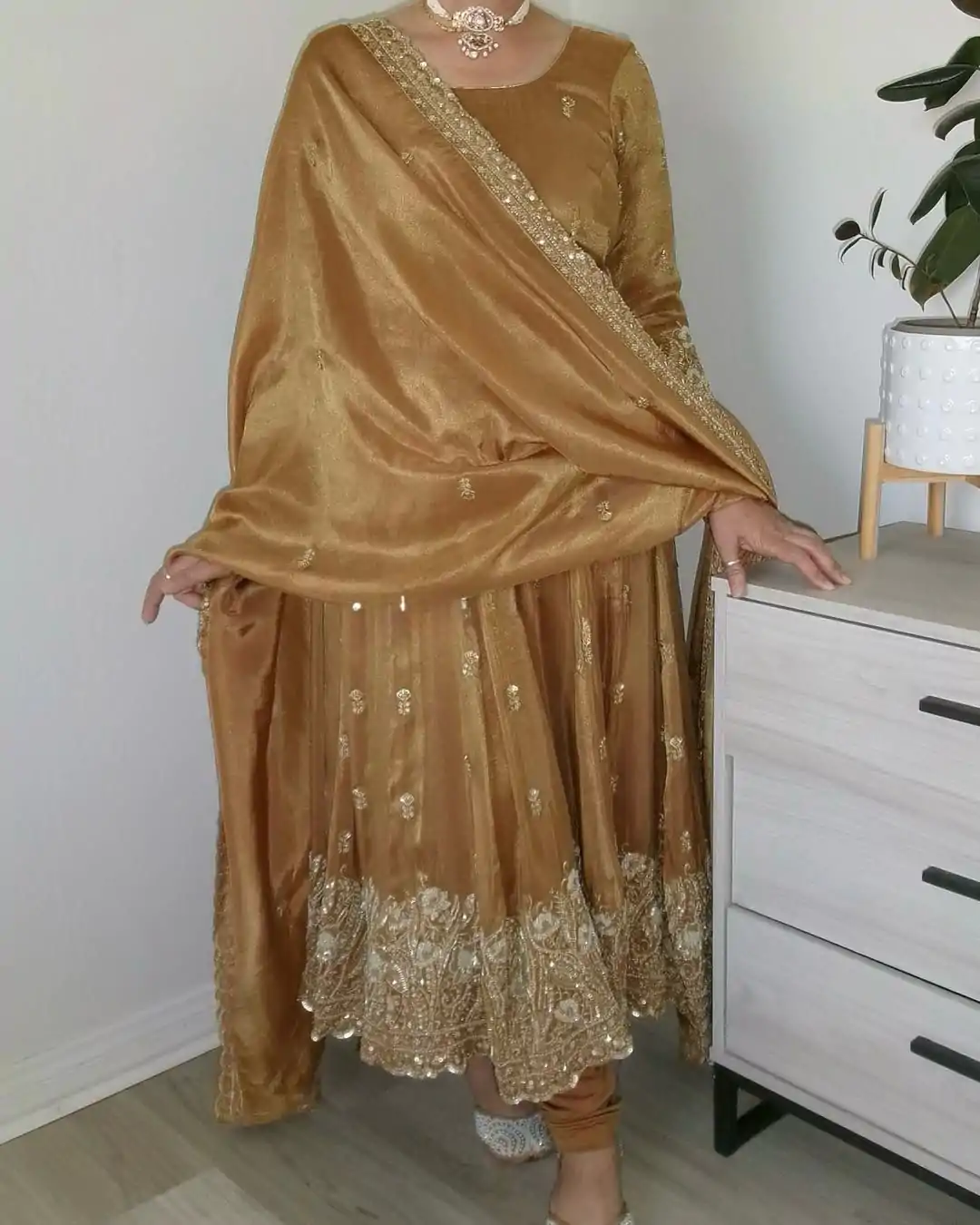 Gold Barbari Silk With Embroidery Work Gown - Image 3