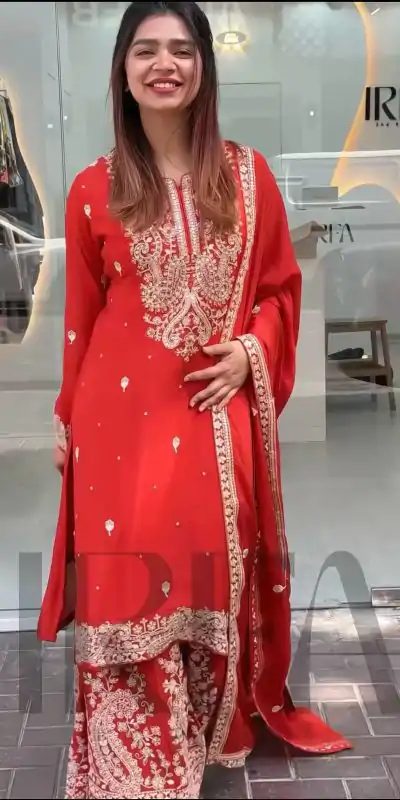 Shiny Red Color Chinon Silk With Embroidery Work Salwar Suit