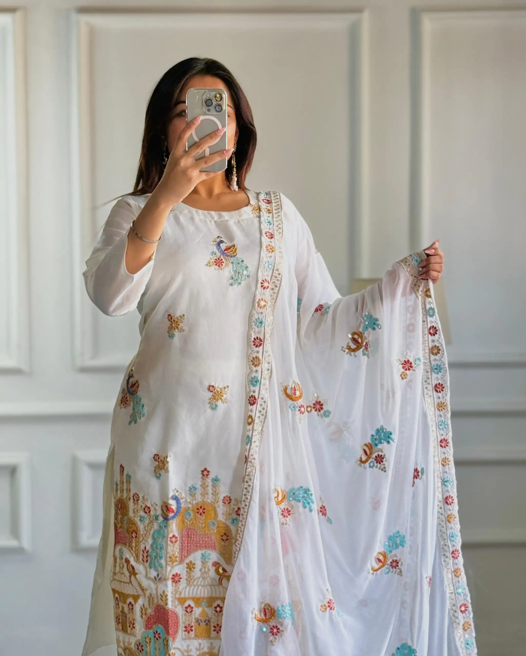 VLM 244 White Color Roman Silk With Embroidery Work Salwar Suit Casual, Wedding, Festive, Events . Expected Delivery  4-6 Working Days @2099/- only      | Jump Suits, Salwar suit, Casual Suits, Creative suits, Designer Suits, Palazzo Suits, Party Wear Suits, Patiala Suits, Straight Suits