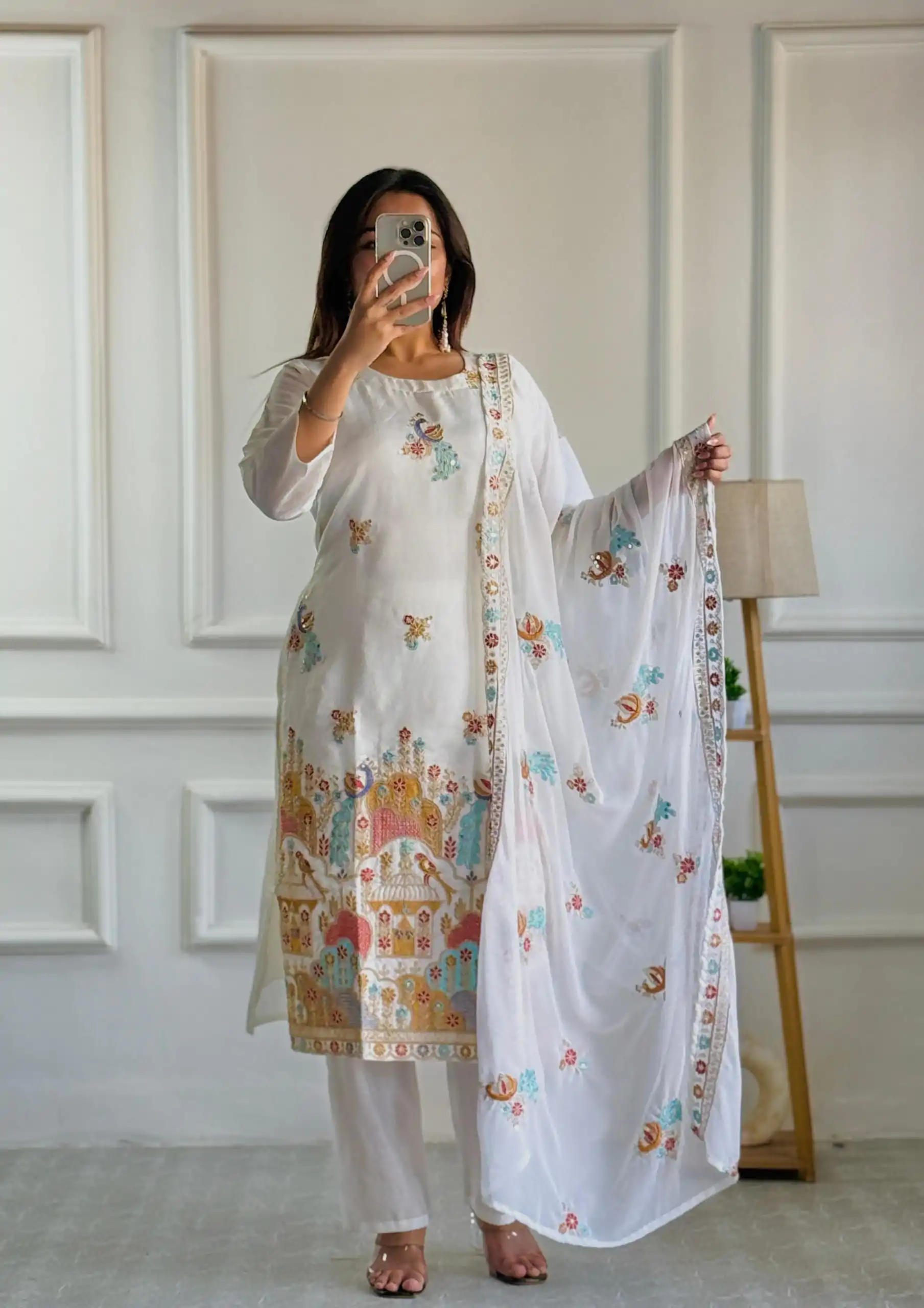 VLM 244 White Color Roman Silk With Embroidery Work Salwar Suit Casual, Wedding, Festive, Events . Expected Delivery  4-6 Working Days @2099/- only      | Jump Suits, Salwar suit, Casual Suits, Creative suits, Designer Suits, Palazzo Suits, Party Wear Suits, Patiala Suits, Straight Suits