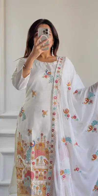 VLM 244 White Color Roman Silk With Embroidery Work Salwar Suit Casual, Wedding, Festive, Events . Expected Delivery 4-6 Working Days @2099/- only | Jump Suits, Salwar suit, Casual Suits, Creative suits, Designer Suits, Palazzo Suits, Party Wear Suits, Patiala Suits, Straight Suits