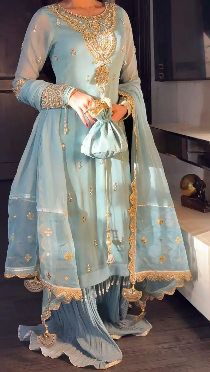 SRK 5251Sky blue Color Georgette Sequence Beads Work Salwar Suit Casual, Wedding, Festive, Events . Expected Delivery  4-6 Working Days @2149/- only      | Jump Suits, Salwar suit, Casual Suits, Creative suits, Designer Suits, Palazzo Suits, Party Wear Suits, Patiala Suits, Straight Suits