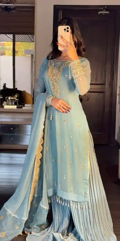 Simple Sky blue Color Georgette Sequence Beads Work Salwar Suit