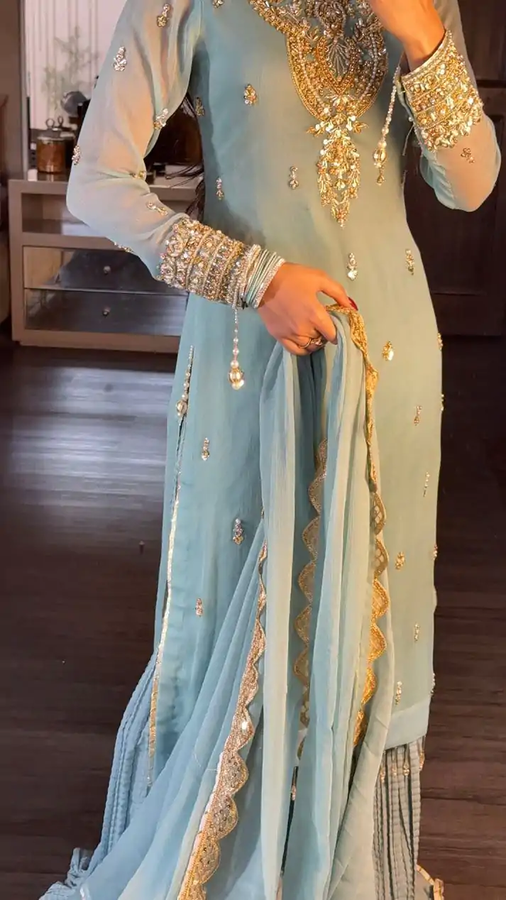SRK 5251Sky blue Color Georgette Sequence Beads Work Salwar Suit Casual, Wedding, Festive, Events . Expected Delivery  4-6 Working Days @2149/- only      | Jump Suits, Salwar suit, Casual Suits, Creative suits, Designer Suits, Palazzo Suits, Party Wear Suits, Patiala Suits, Straight Suits