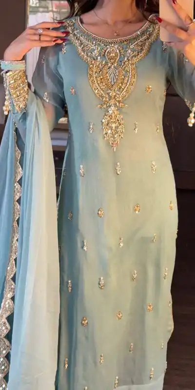 SRK 5251Sky blue Color Georgette Sequence Beads Work Salwar Suit Casual, Wedding, Festive, Events . Expected Delivery  4-6 Working Days @2149/- only      | Jump Suits, Salwar suit, Casual Suits, Creative suits, Designer Suits, Palazzo Suits, Party Wear Suits, Patiala Suits, Straight Suits