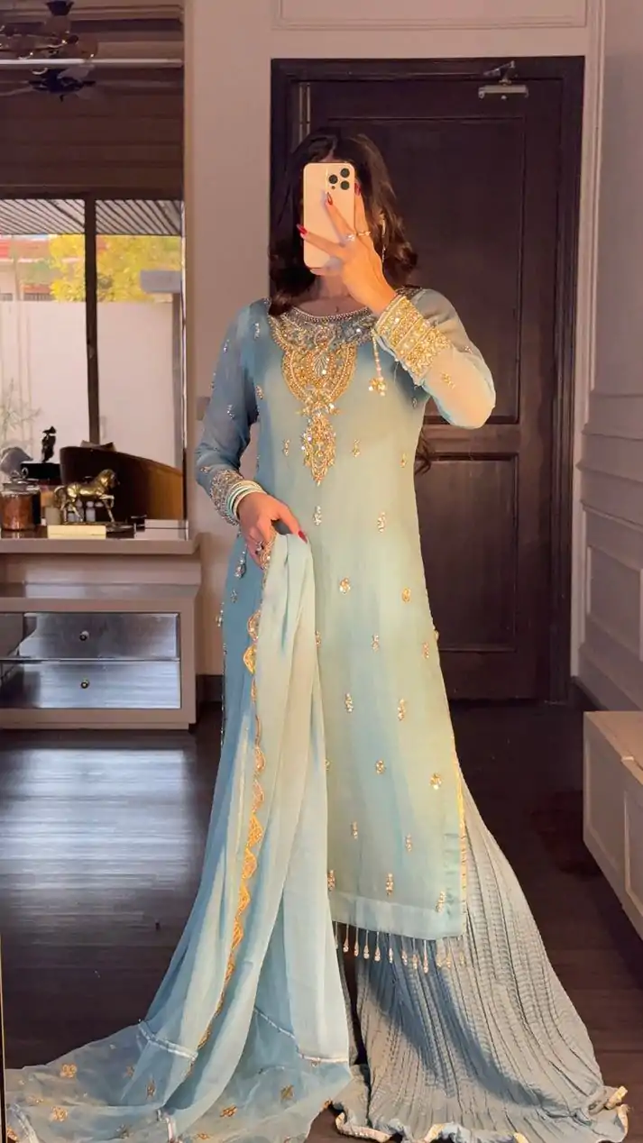 SRK 5251Sky blue Color Georgette Sequence Beads Work Salwar Suit Casual, Wedding, Festive, Events . Expected Delivery  4-6 Working Days @2149/- only      | Jump Suits, Salwar suit, Casual Suits, Creative suits, Designer Suits, Palazzo Suits, Party Wear Suits, Patiala Suits, Straight Suits