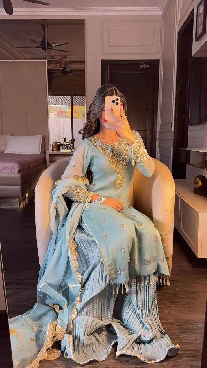 SRK 5251Sky blue Color Georgette Sequence Beads Work Salwar Suit Casual, Wedding, Festive, Events . Expected Delivery  4-6 Working Days @2149/- only      | Jump Suits, Salwar suit, Casual Suits, Creative suits, Designer Suits, Palazzo Suits, Party Wear Suits, Patiala Suits, Straight Suits