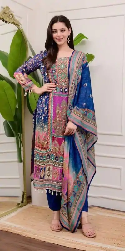 Special Royal Blue Color Chinon Printed Mirror Work Moti Lace Salwar Suit