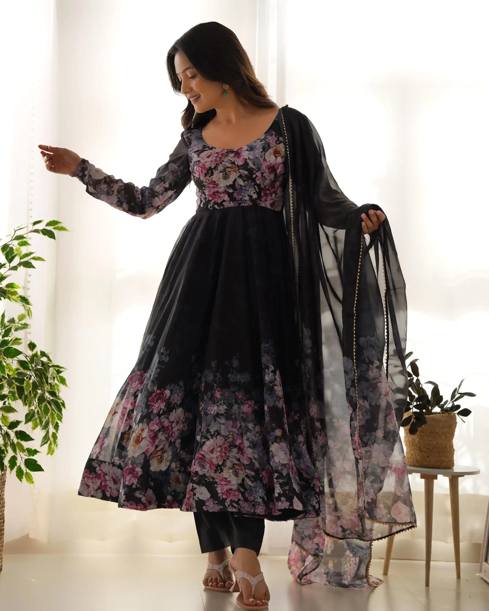 Black Soft Organza Silk Print With Kali Gown - Image 2