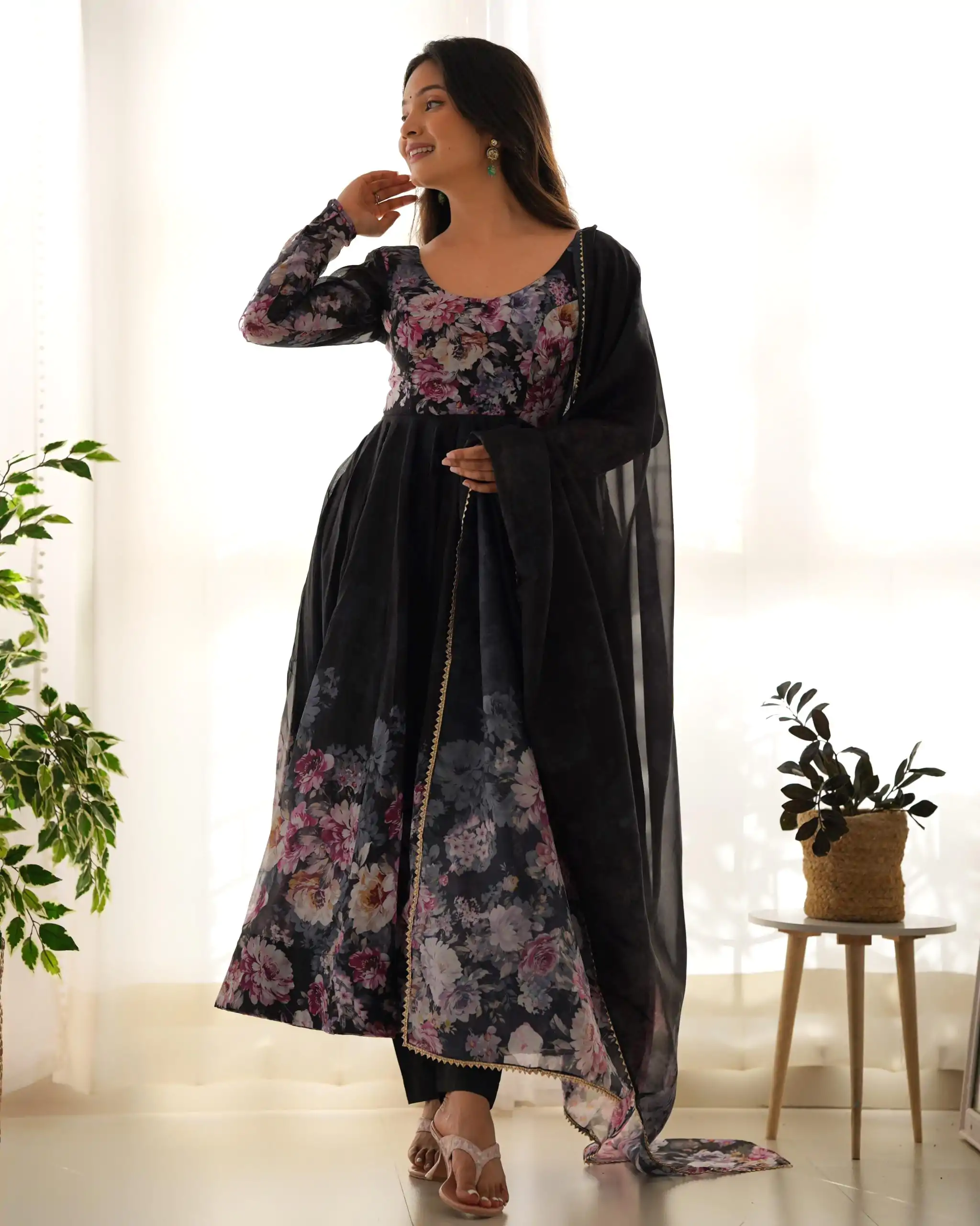 Stylist Black Color Soft Organza Silk Print With Kali Gown