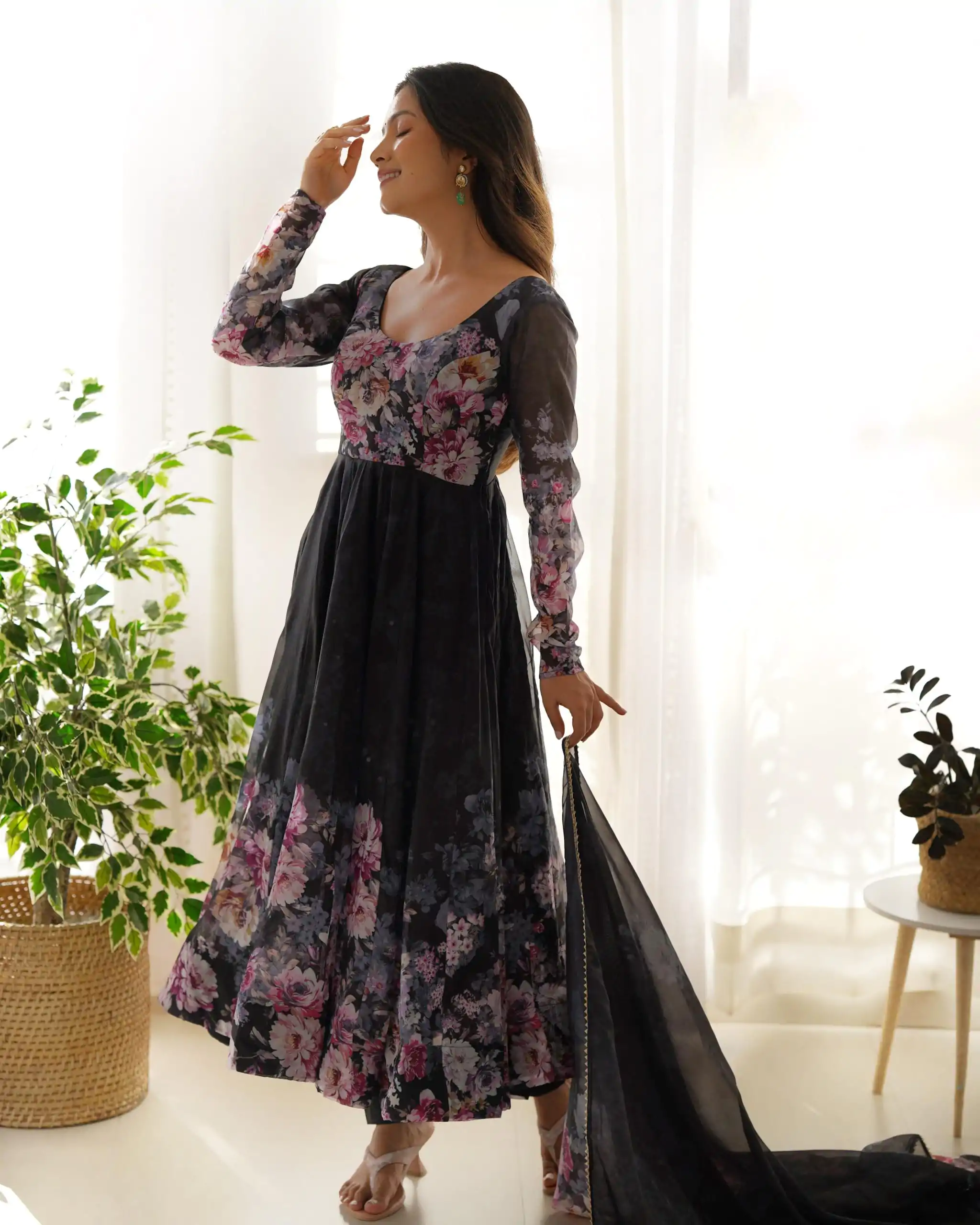 Black Soft Organza Silk Print With Kali Gown - Image 3