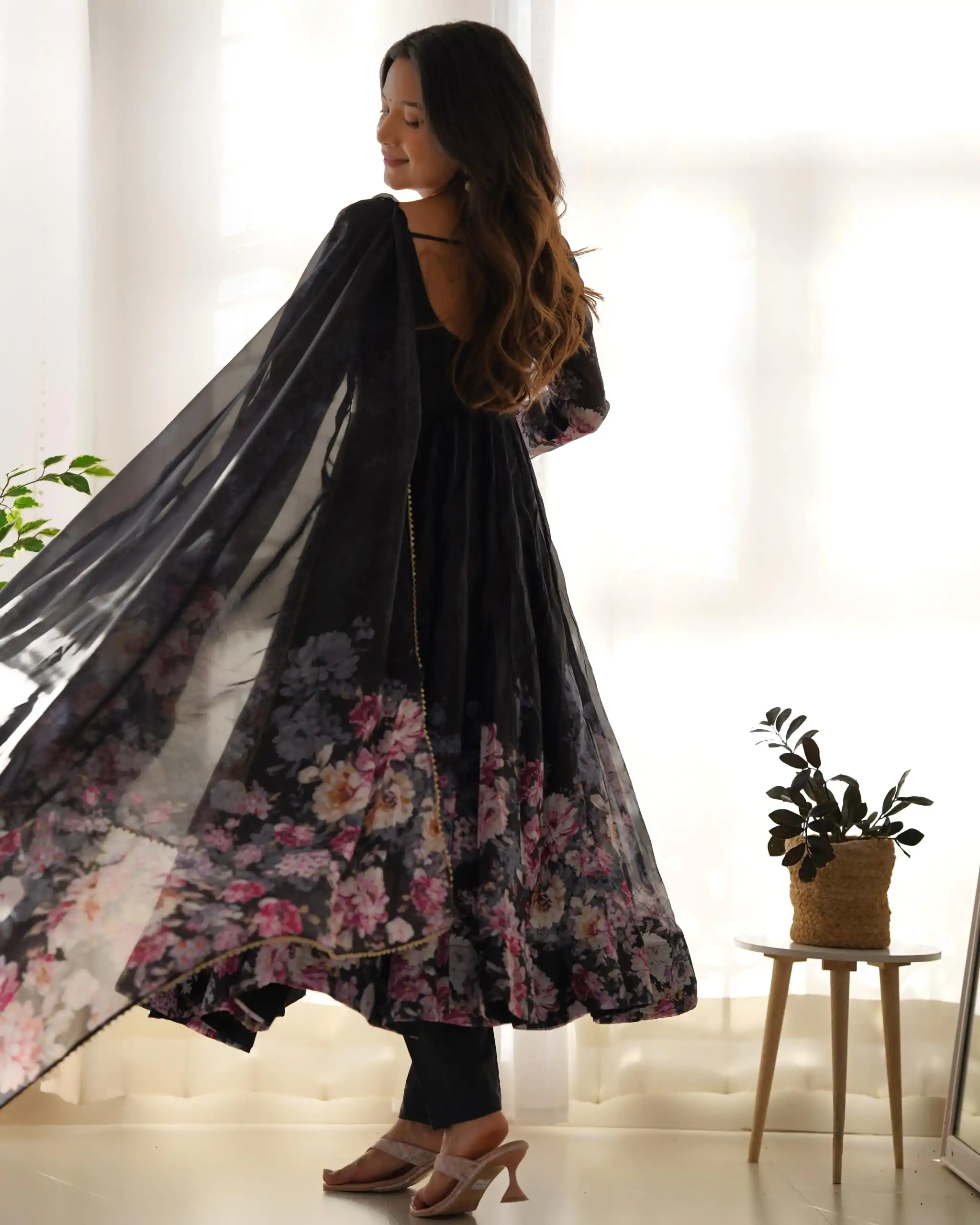 Black Soft Organza Silk Print With Kali Gown - Image 4