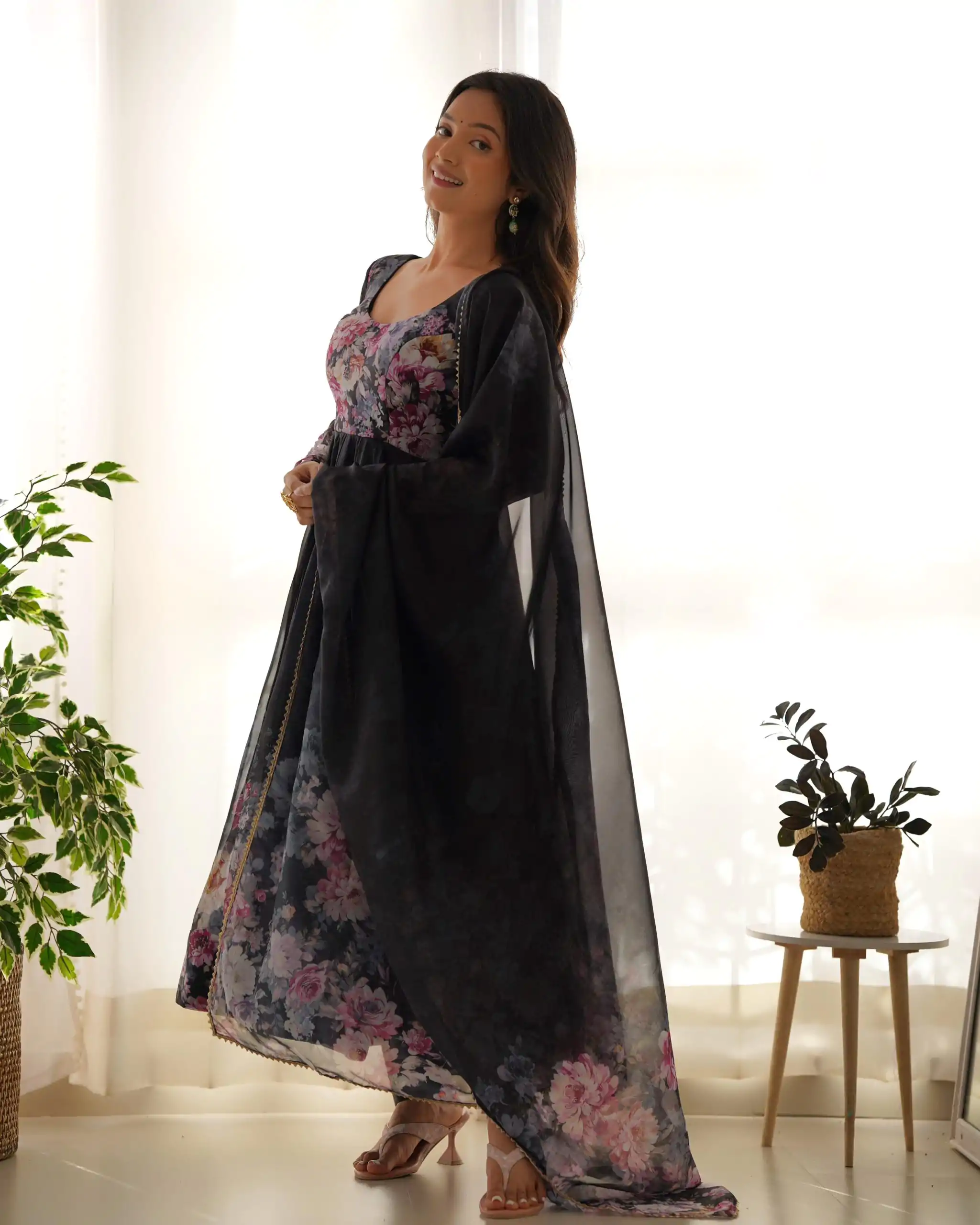 Black Soft Organza Silk Print With Kali Gown - Image 5