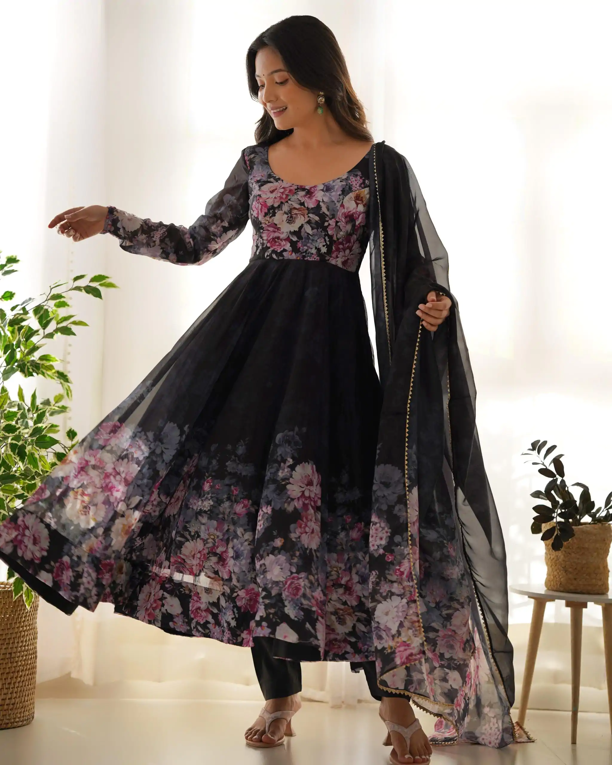 Black Soft Organza Silk Print With Kali Gown - Image 8
