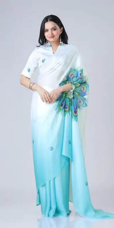 ST 1102 Blue White Color Japan Satin Digital Print Work Saree Casual, Wedding, Festive, Events . Expected Delivery  4-6 Working Days @1849/- only      | Sarees, Bollywood Sarees, Creative Sarees, Designer Sarees, Embroidered Sarees, Ethnic Saree, Modern Digital sarees, Party Wear Sarees