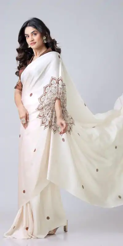 ST 1102B Cream Color Japan Satin Digital Print Work Saree Casual, Wedding, Festive, Events . Expected Delivery  4-6 Working Days @1849/- only      | Sarees, Bollywood Sarees, Creative Sarees, Designer Sarees, Embroidered Sarees, Ethnic Saree, Modern Digital sarees, Party Wear Sarees