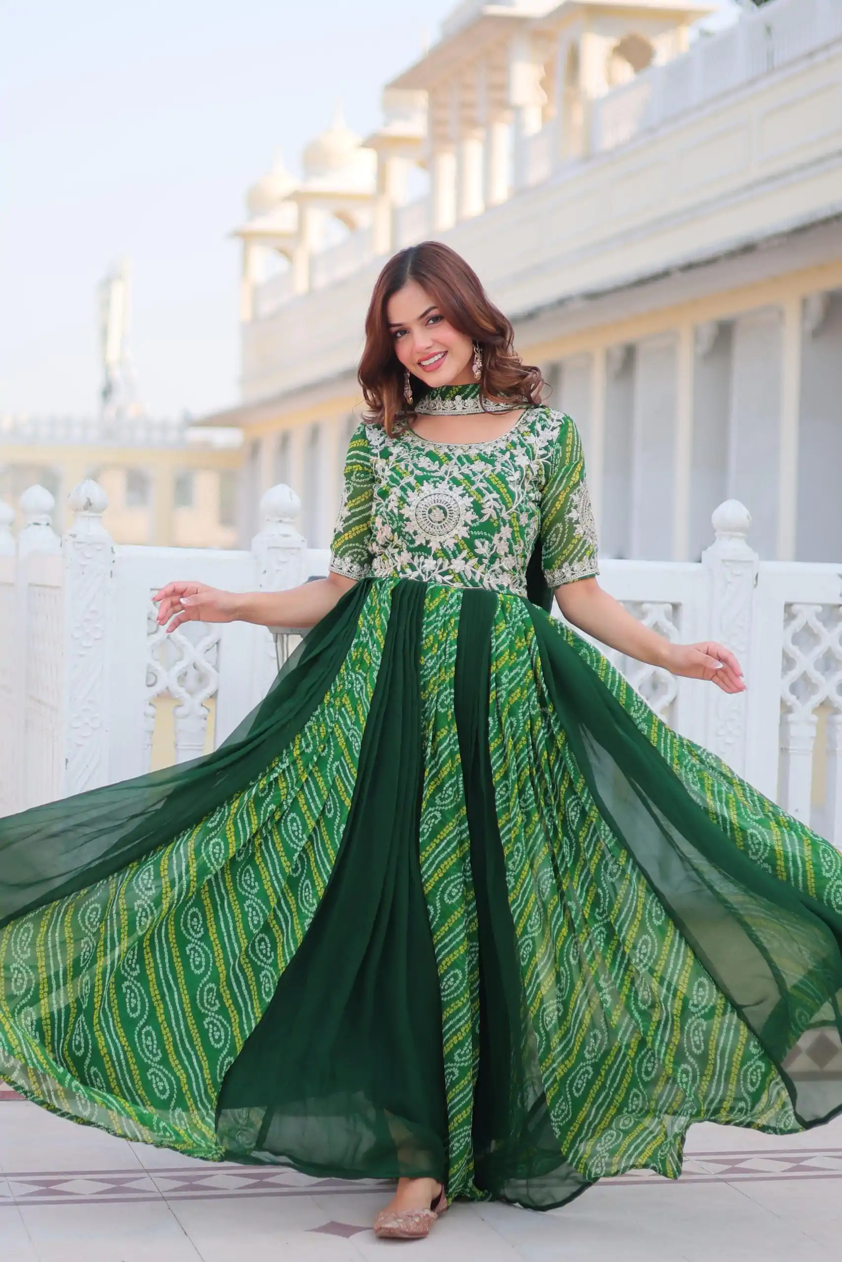 Green Bandhej Fox Georgette Sequence Work Gown - Image 4